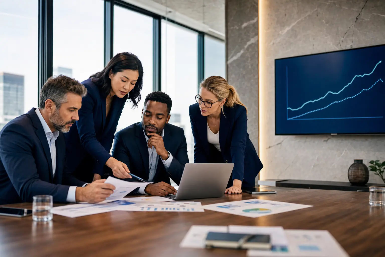 Equipo empresarial analizando una estrategia de crecimiento
